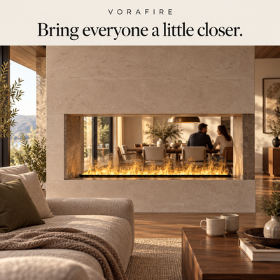 VORAFIRE water vapor fireplace in a warm residential interior — design visualization