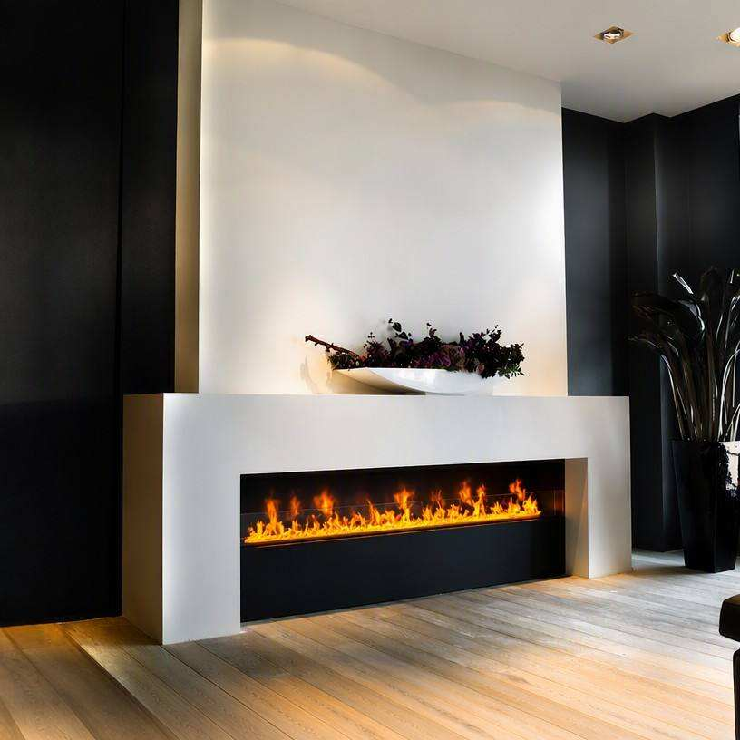 VORAFIRE linear water vapor fireplace built into a contemporary white feature wall